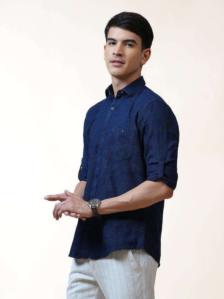 Navy Jacquard Self Design Indigo Solid Shirt