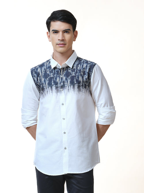 White Graphic Printed Clubwear Satin Shirt