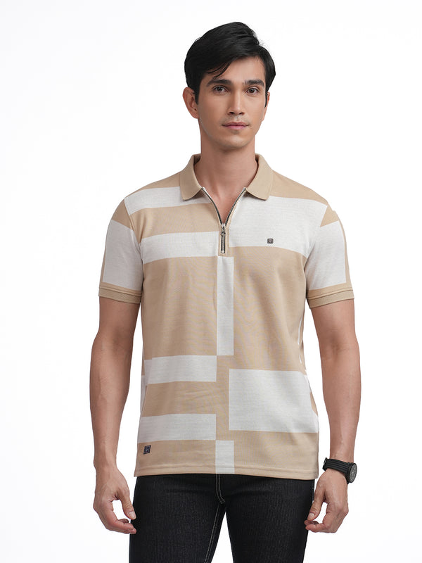 Fawn Jacquard Block Design Zipper Polo T Shirt