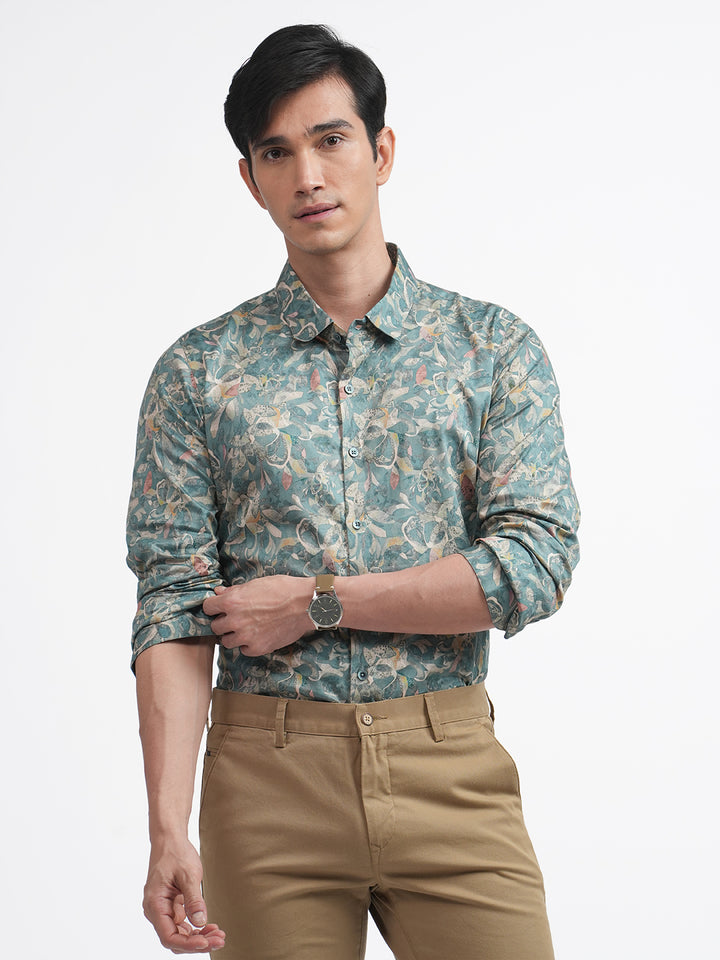 Aqua Blue Abstract Floral Printed Shirt