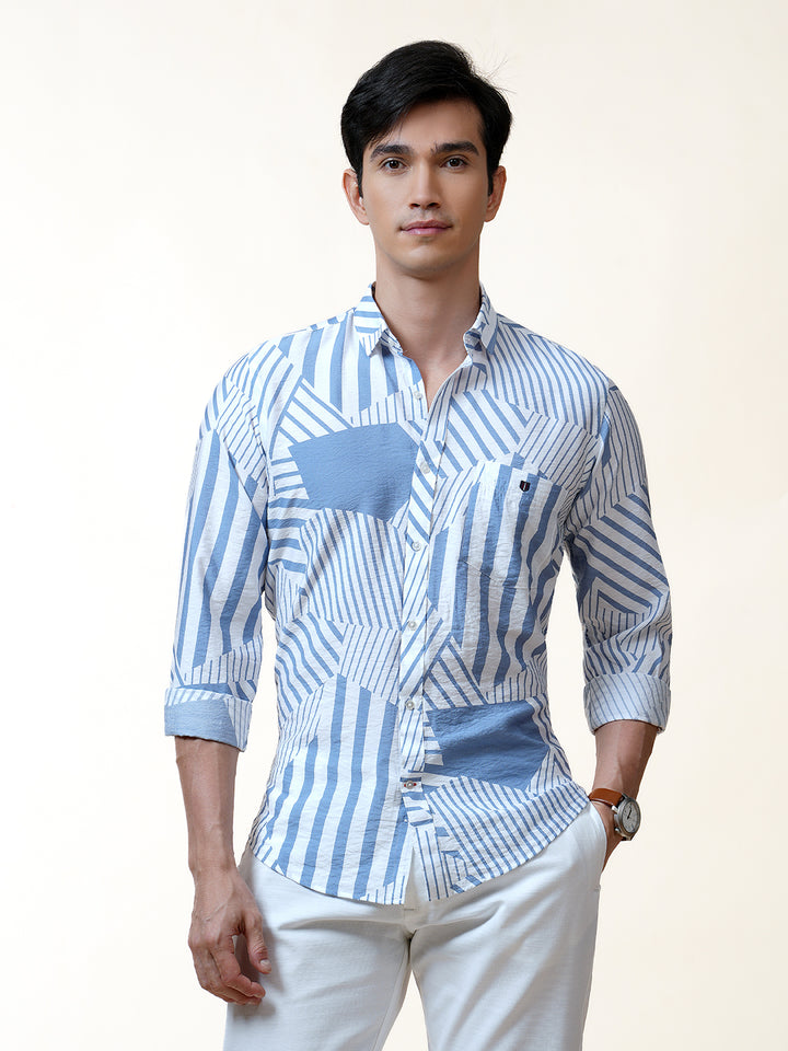 Blue Geometric Line Printed Shirt