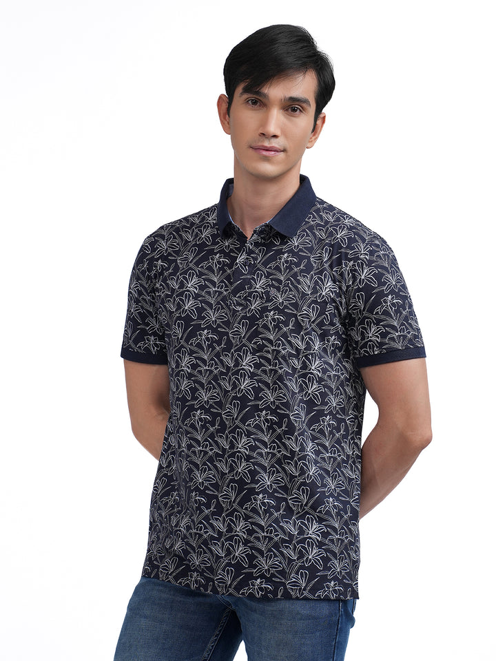 Navy Floral Printed Polo T Shirt