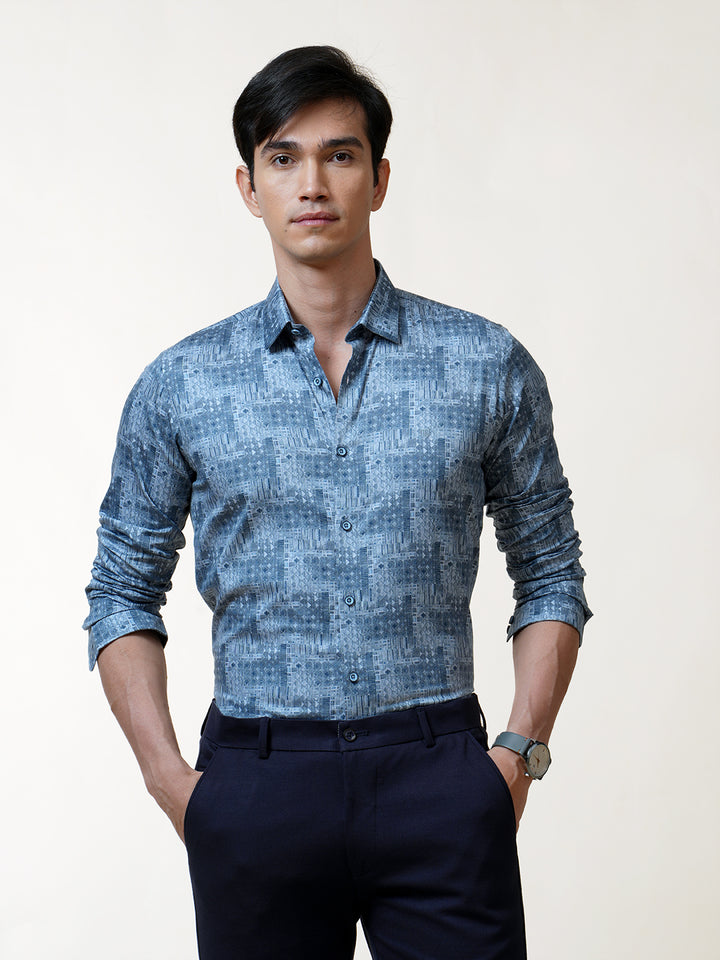 Silver Blue Art Deco Printed Shirt