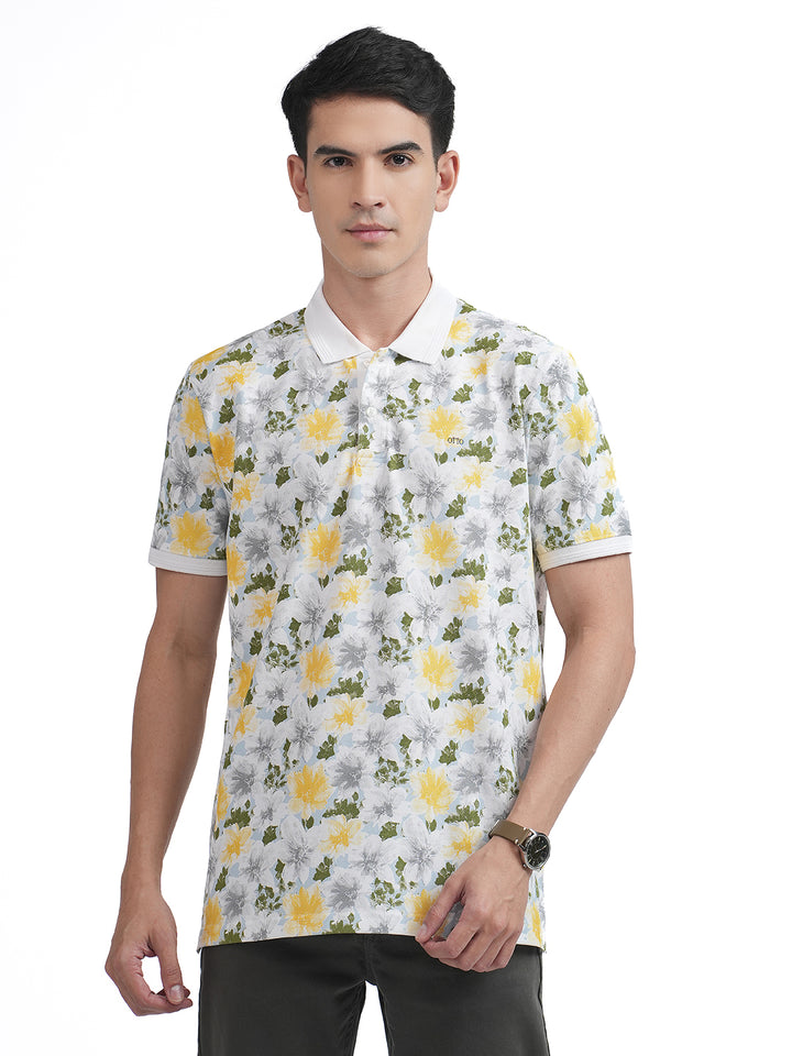 White Floral Printed Polo T Shirt