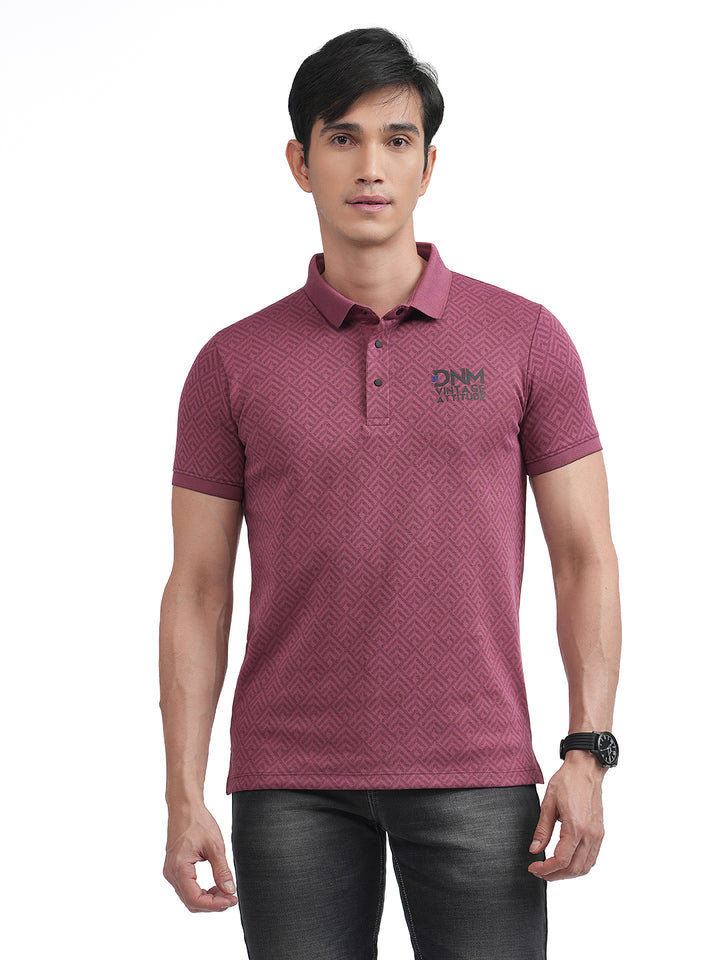 Maroon Geomentric Printed Polo T Shirt