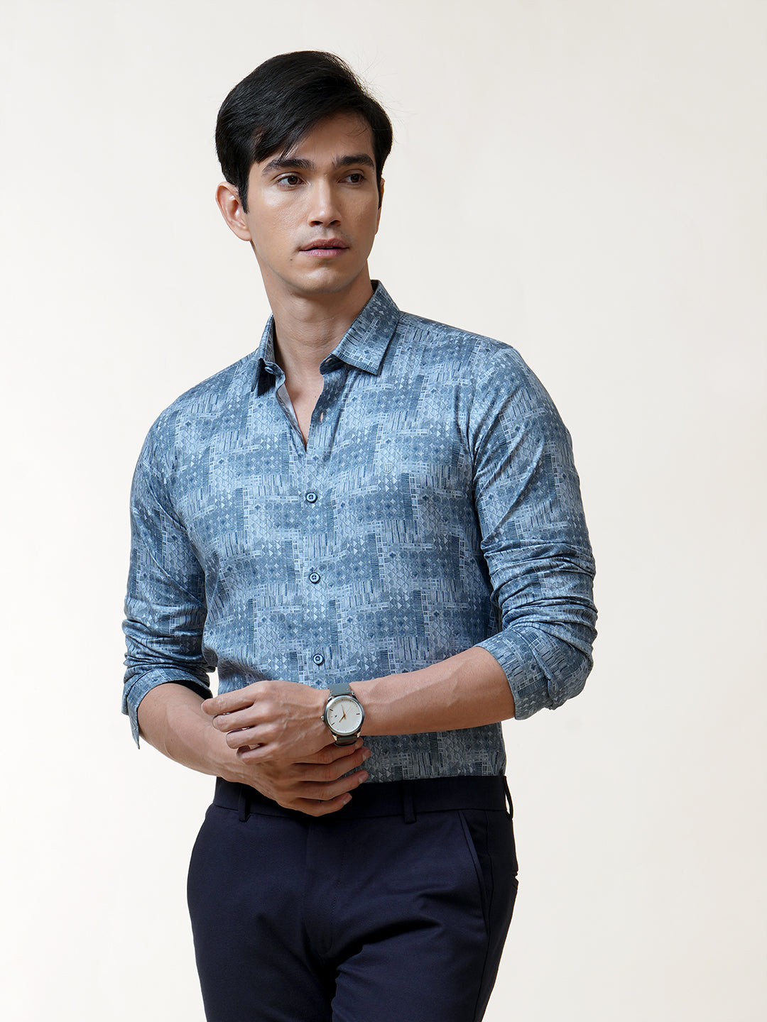 Silver Blue Art Deco Printed Shirt