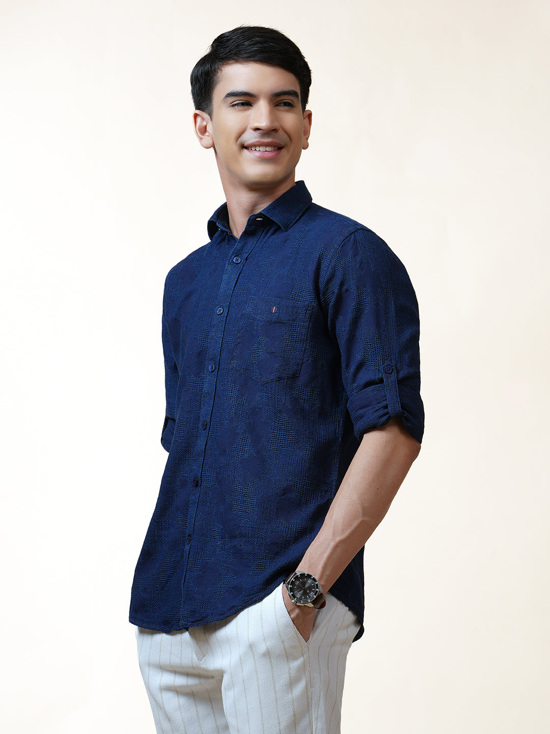 Navy Jacquard Self Design Indigo Solid Shirt