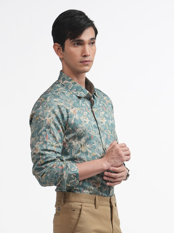 Aqua Blue Abstract Floral Printed Shirt