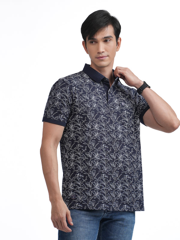 Navy Floral Printed Polo T Shirt