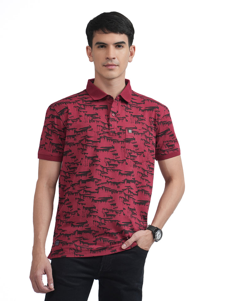 Maroon Printed Polo T Shirt