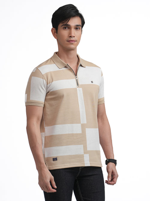 Fawn Jacquard Block Design Zipper Polo T Shirt