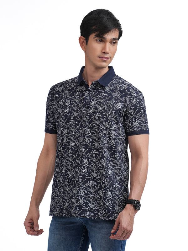 Navy Floral Printed Polo T Shirt