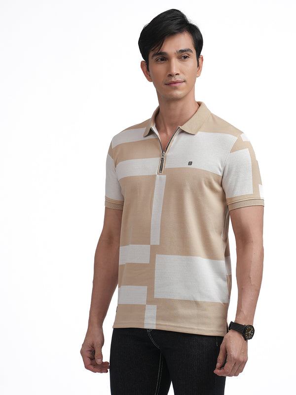 Fawn Jacquard Block Design Zipper Polo T Shirt