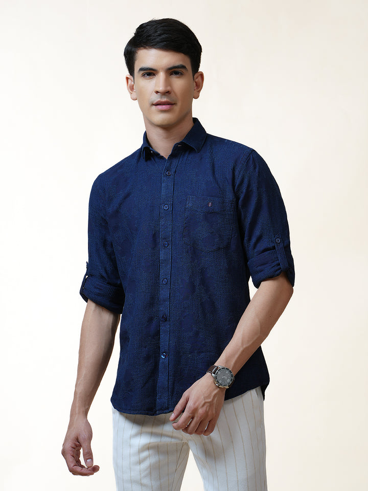 Navy Jacquard Self Design Indigo Solid Shirt