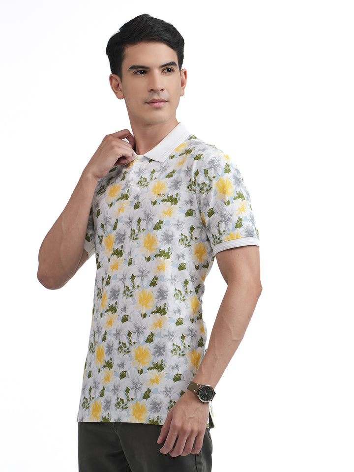 White Floral Printed Polo T Shirt