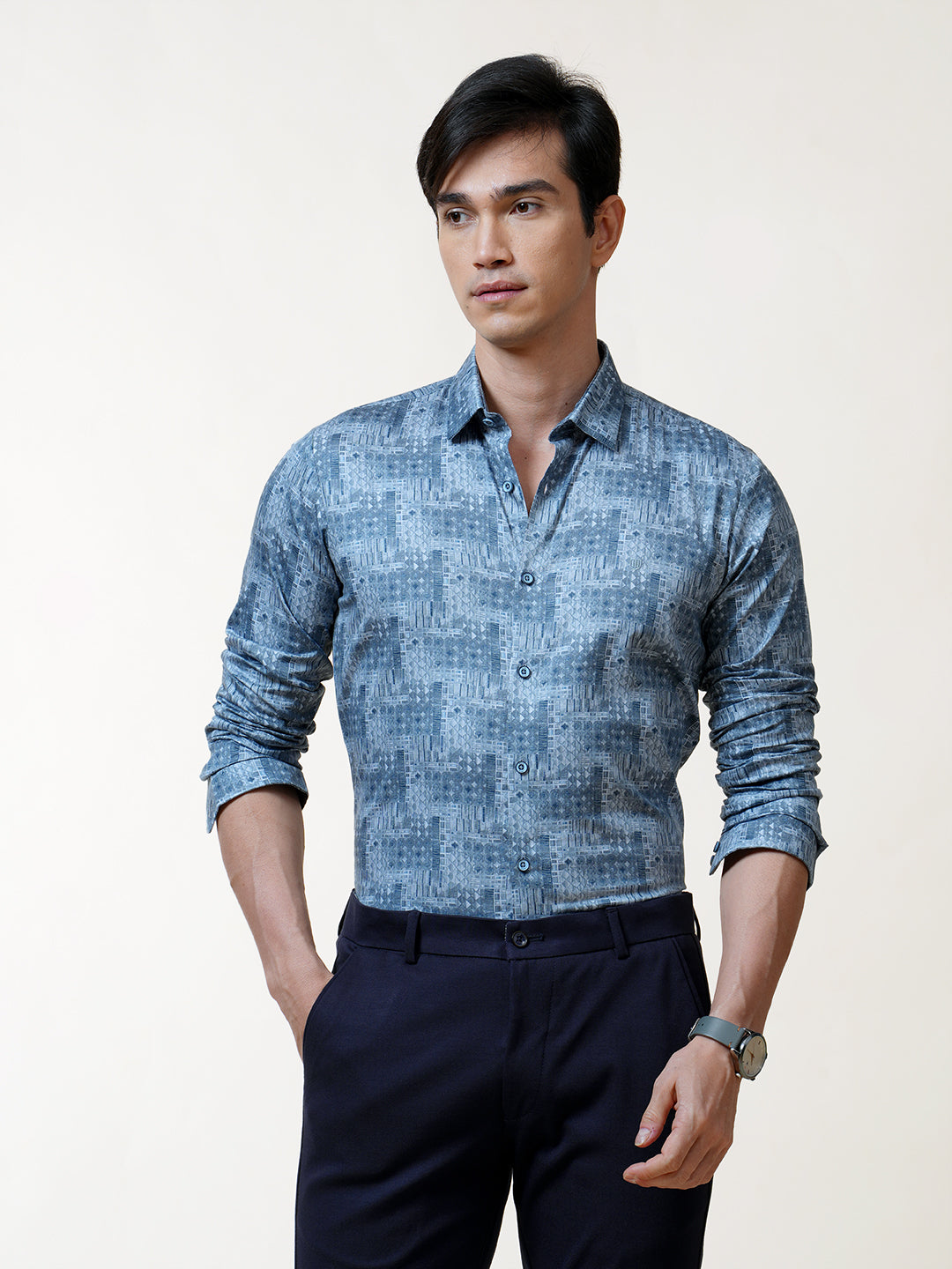 Silver Blue Art Deco Printed Shirt