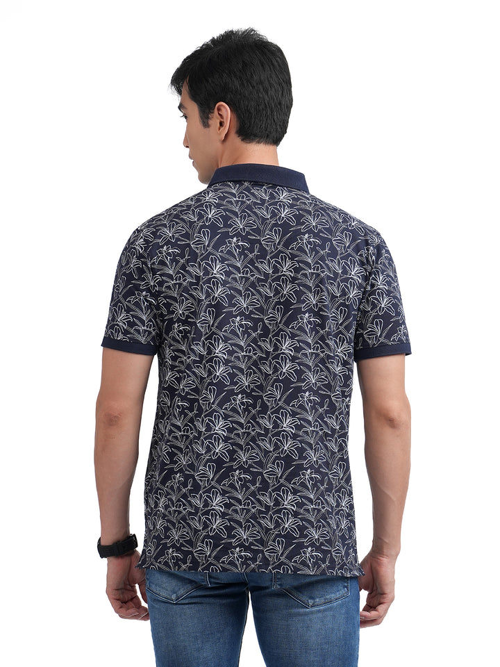 Navy Floral Printed Polo T Shirt