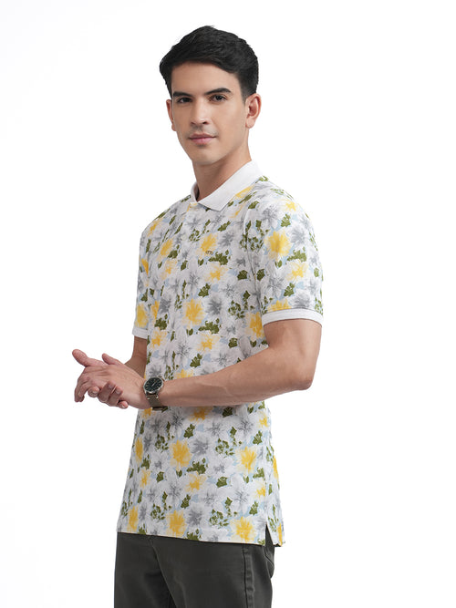 White Floral Printed Polo T Shirt