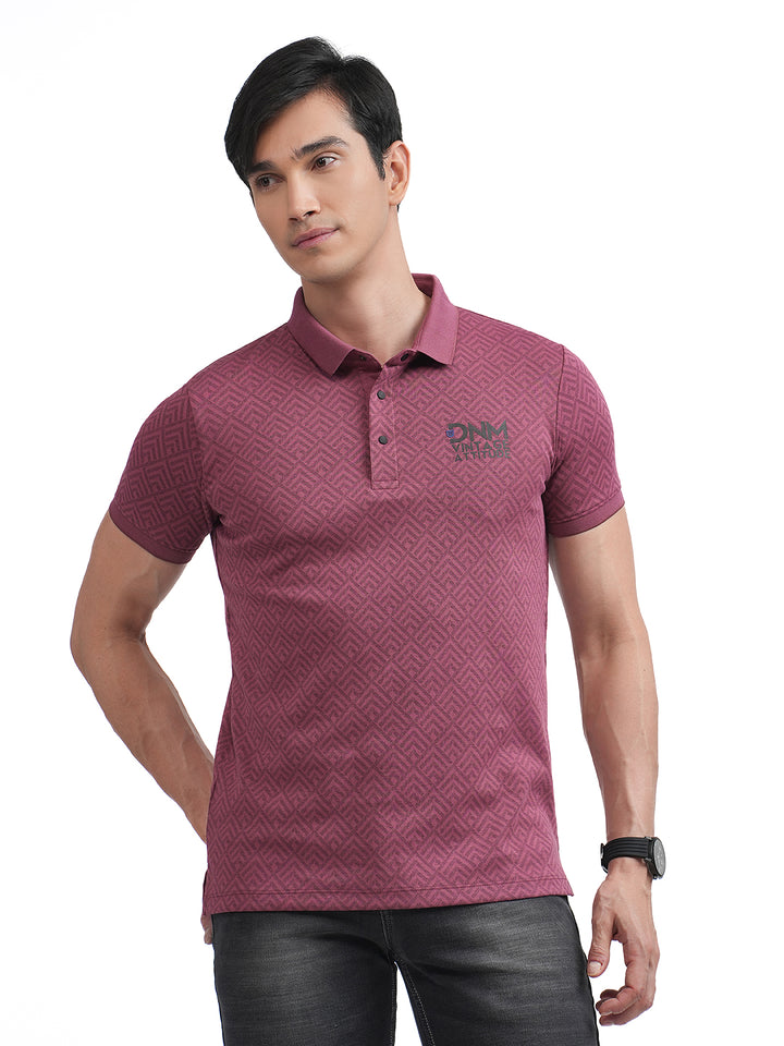 Maroon Geomentric Printed Polo T Shirt