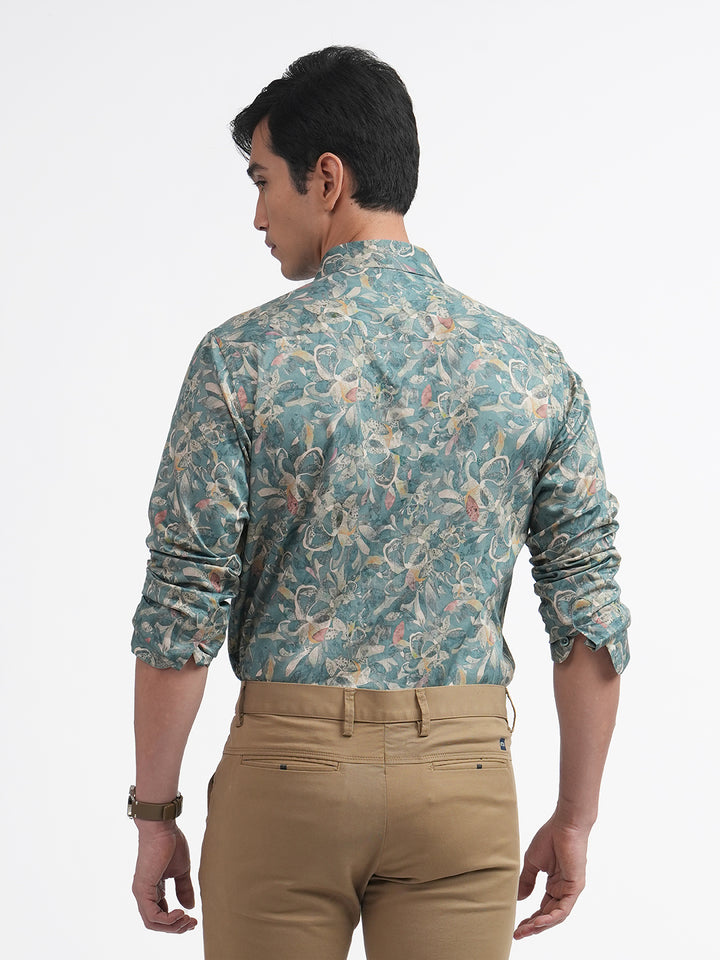 Aqua Blue Abstract Floral Printed Shirt