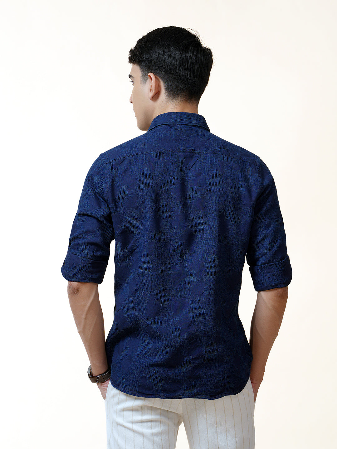 Navy Jacquard Self Design Indigo Solid Shirt