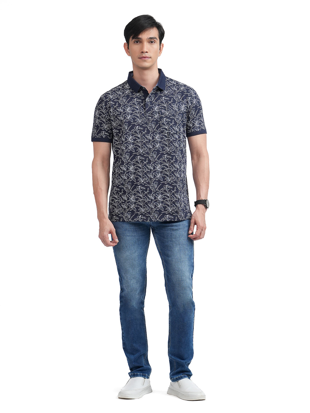 Navy Floral Printed Polo T Shirt