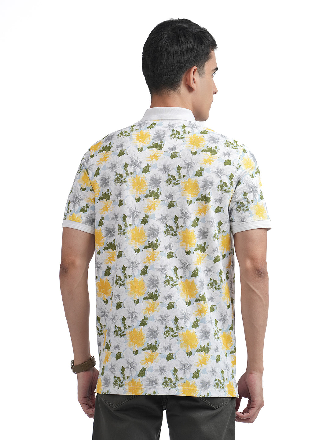 White Floral Printed Polo T Shirt