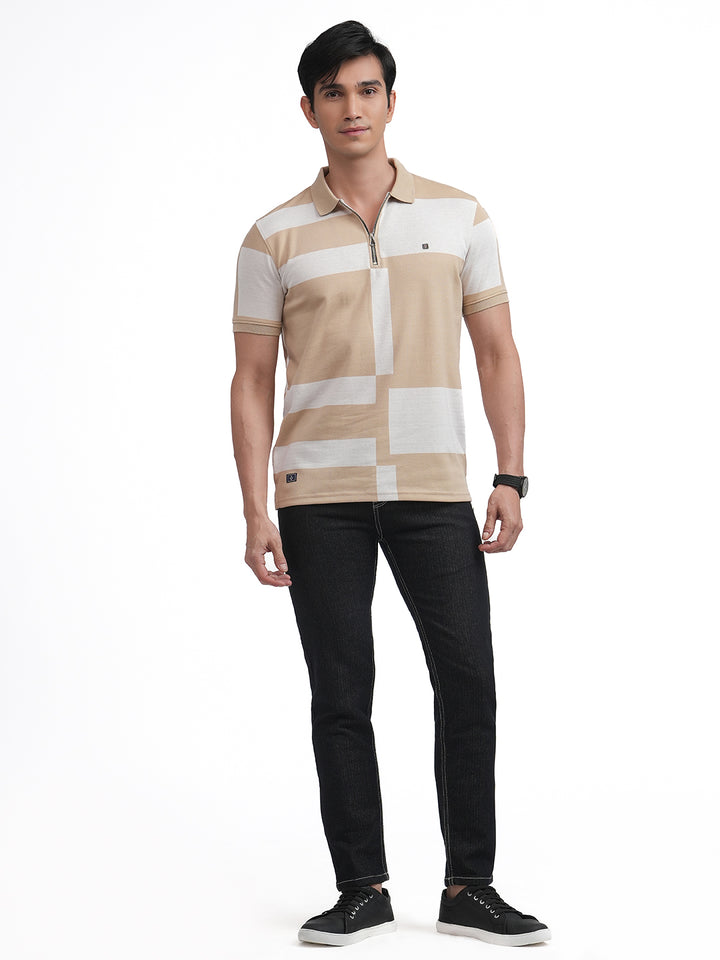 Fawn Jacquard Block Design Zipper Polo T Shirt