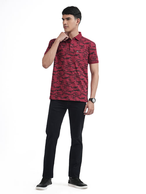 Maroon Printed Polo T Shirt