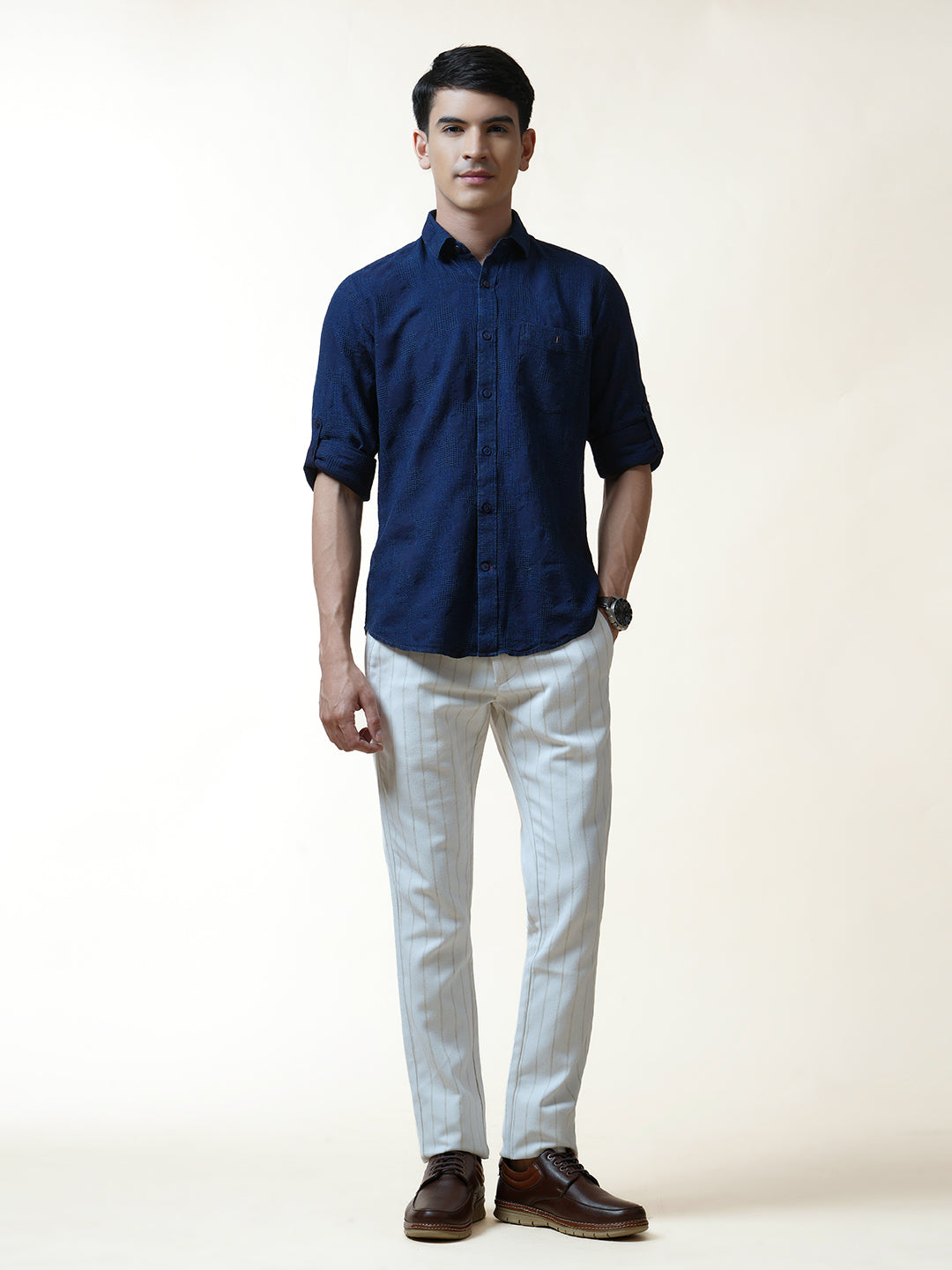 Navy Jacquard Self Design Indigo Solid Shirt