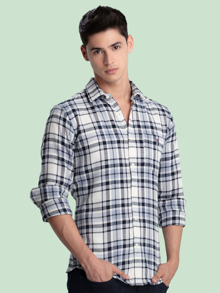 Navy Blue Checkered Casual Shirt