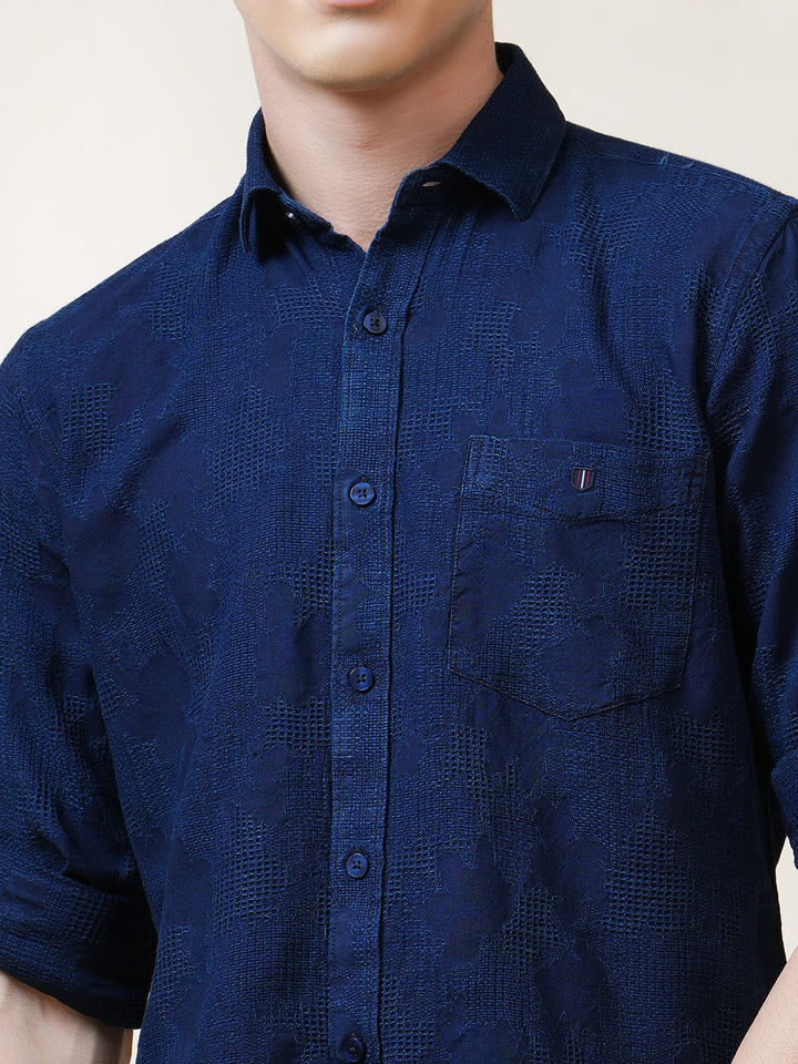 Navy Jacquard Self Design Indigo Solid Shirt