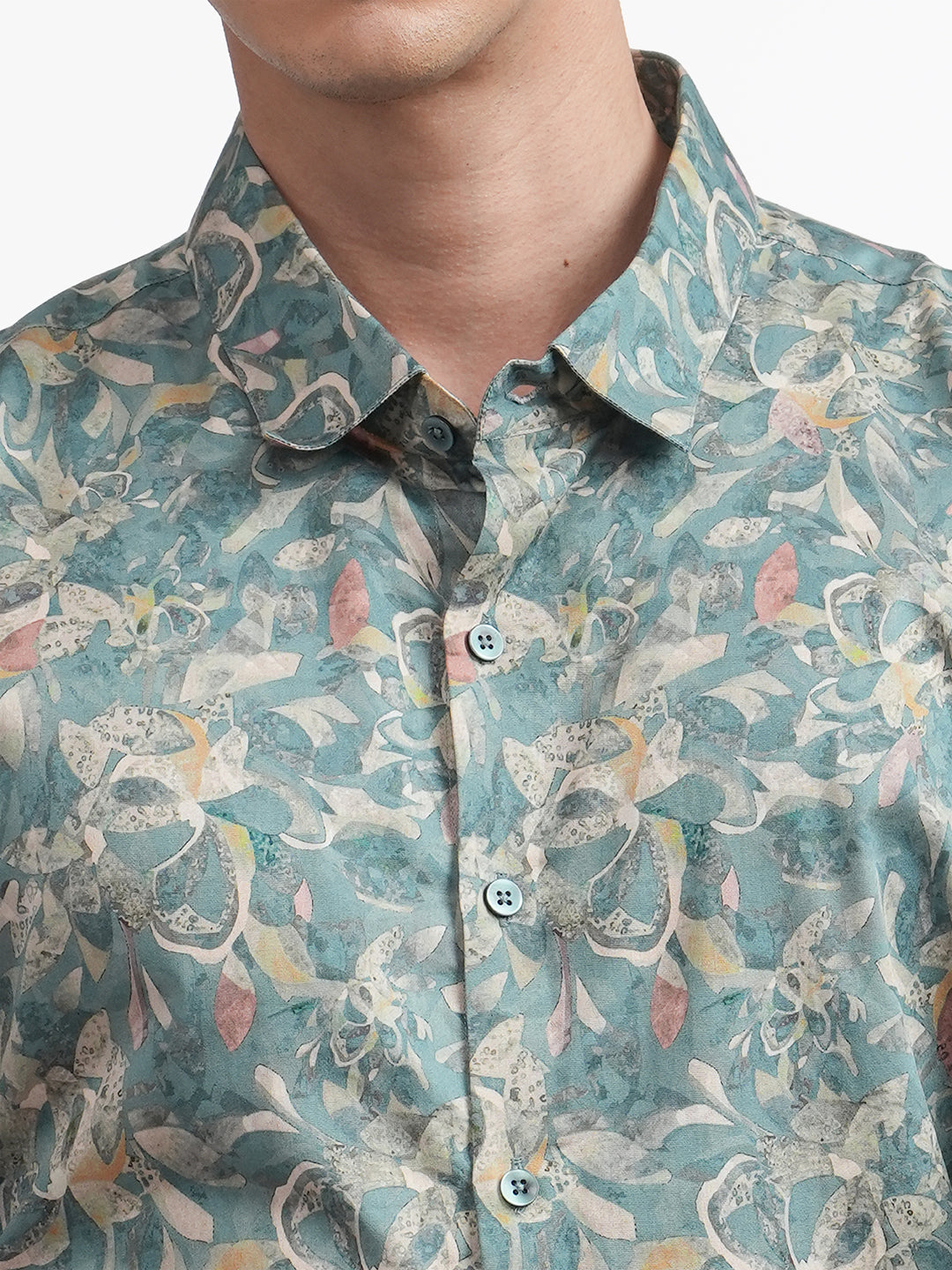 Aqua Blue Abstract Floral Printed Shirt