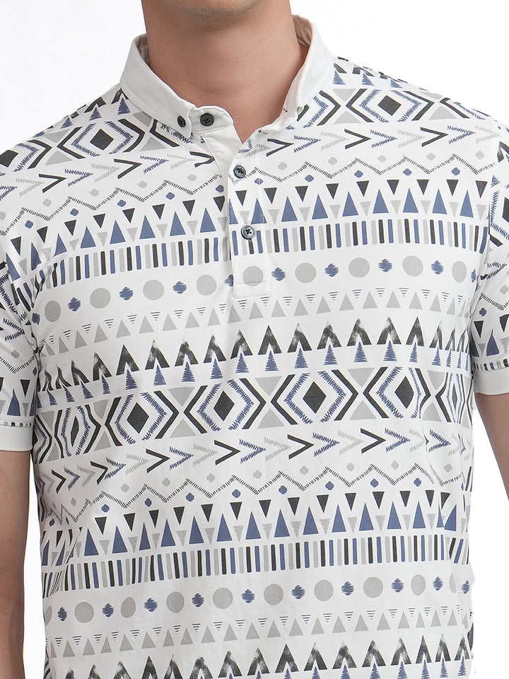 White Printed Polo T Shirt