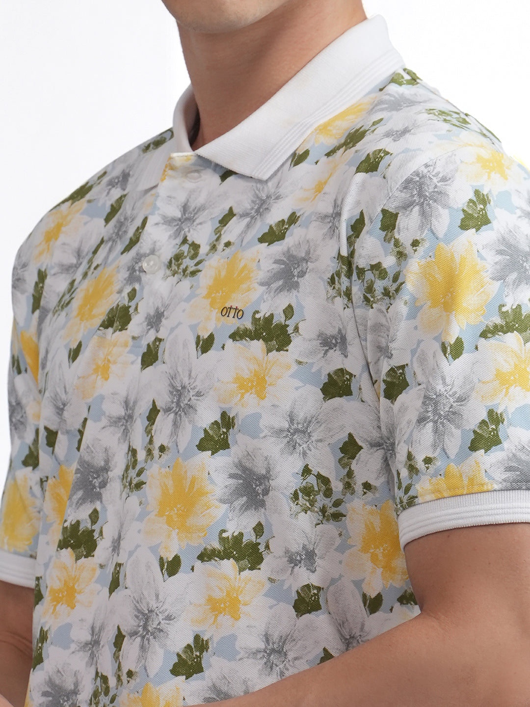 White Floral Printed Polo T Shirt