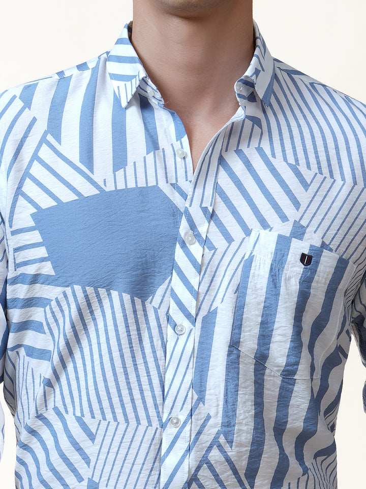 Blue Geometric Line Printed Shirt