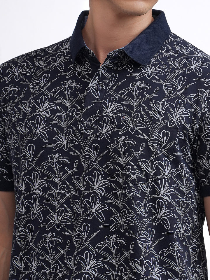 Navy Floral Printed Polo T Shirt