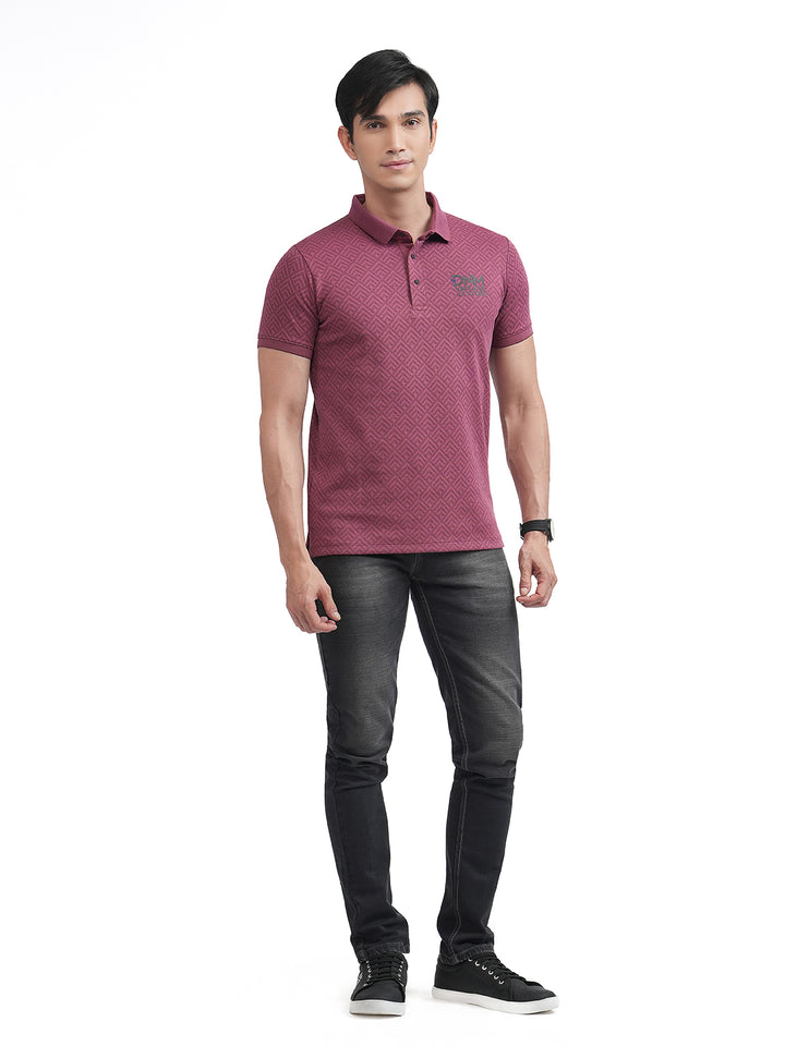 Maroon Geomentric Printed Polo T Shirt