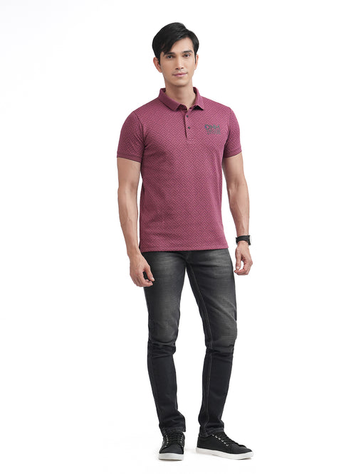 Maroon Geomentric Printed Polo T Shirt