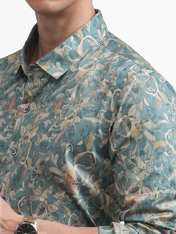 Aqua Blue Abstract Floral Printed Shirt