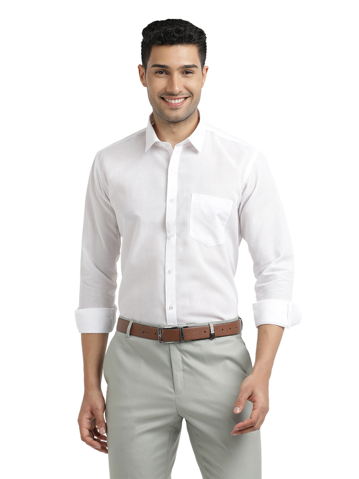 White Cotton Blend Solid Shirt