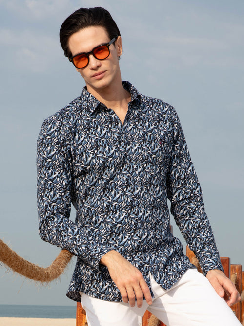 Blue Printed Smart Casual Shirt