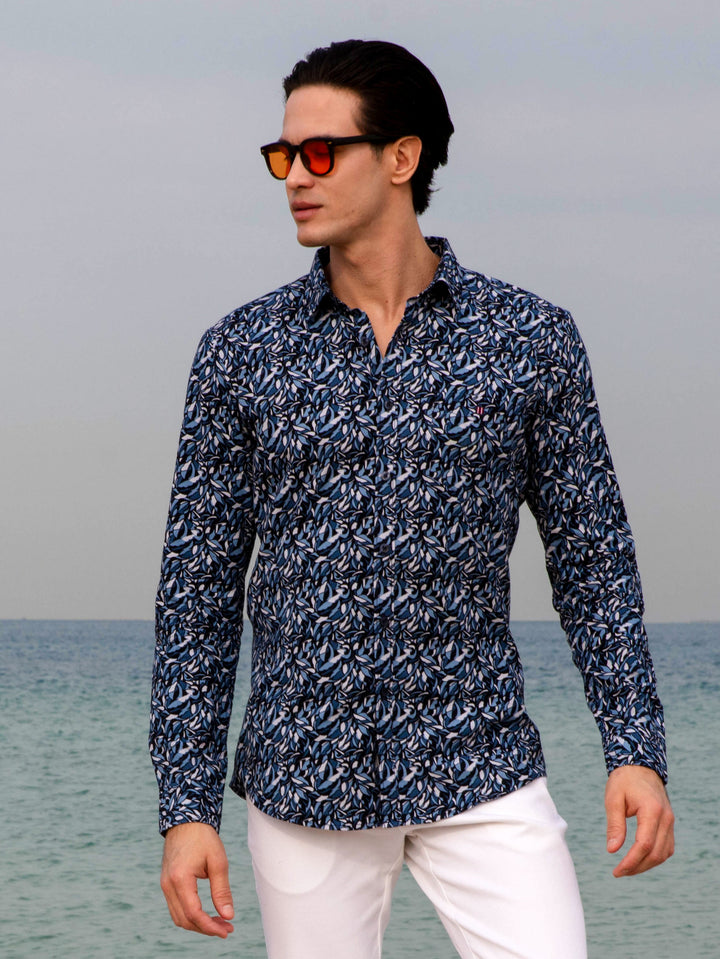 Blue Printed Smart Casual Shirt