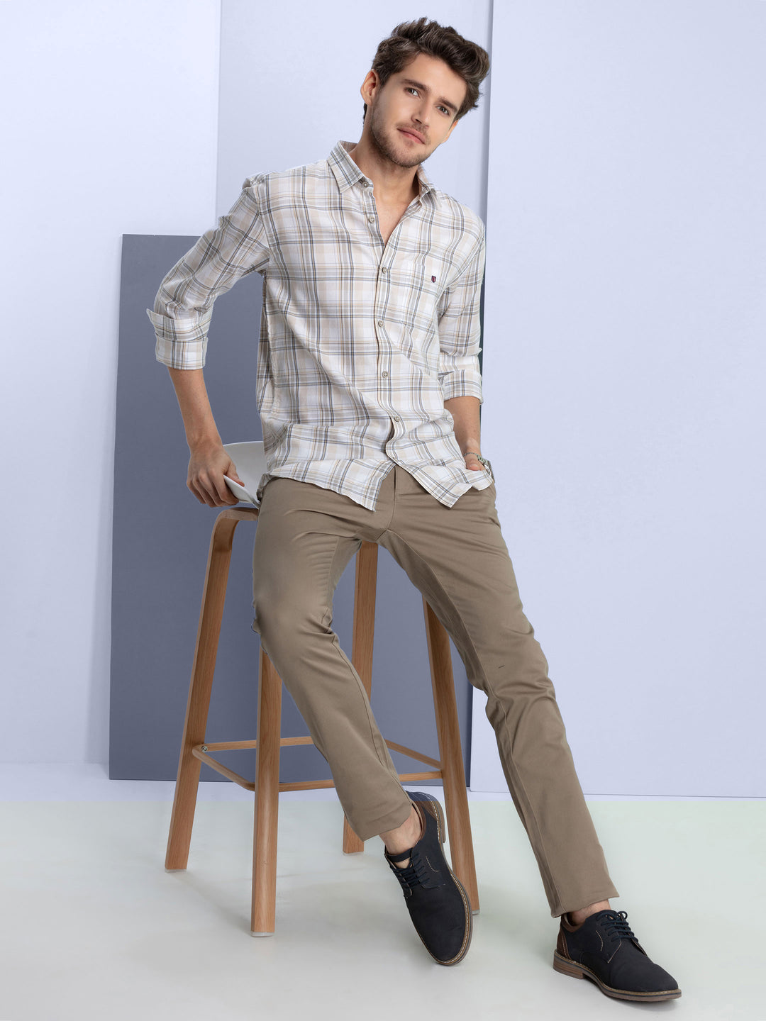 Beige Textured Checkered Casual Shirt