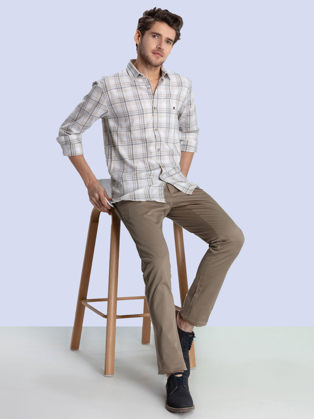 Beige Textured Checkered Casual Shirt