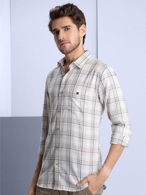 Beige Textured Checkered Casual Shirt