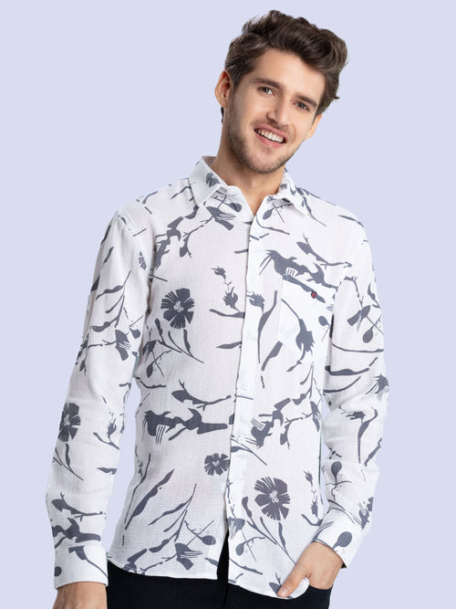 White Textured Floral Printed Casual Shirt