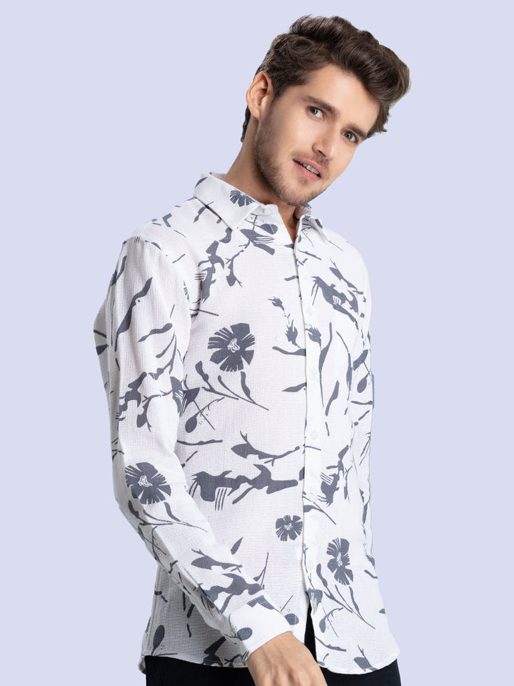 White Textured Floral Printed Casual Shirt