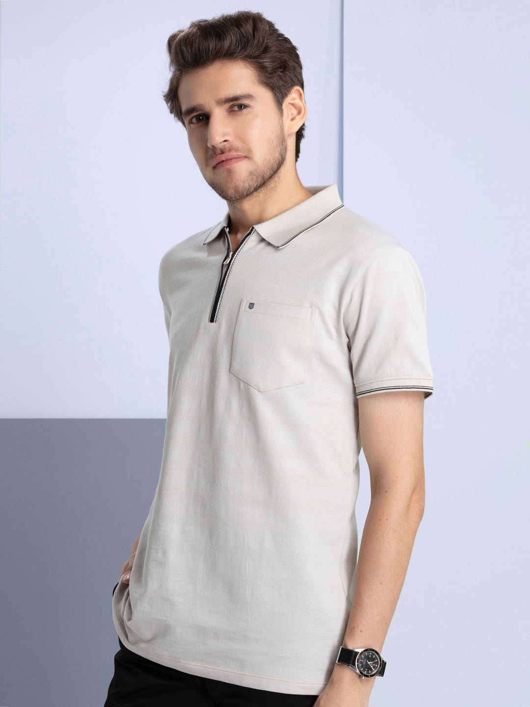 Grey Knit Zipper Tipping Polo T Shirt