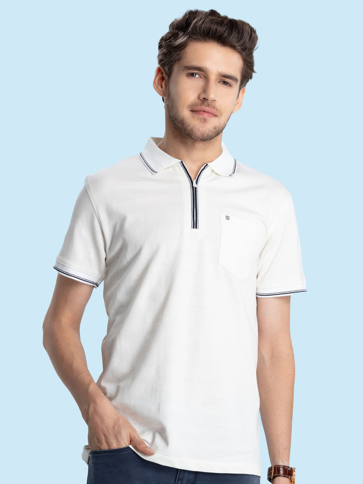 White Knit Zipper Tipping Polo T Shirt